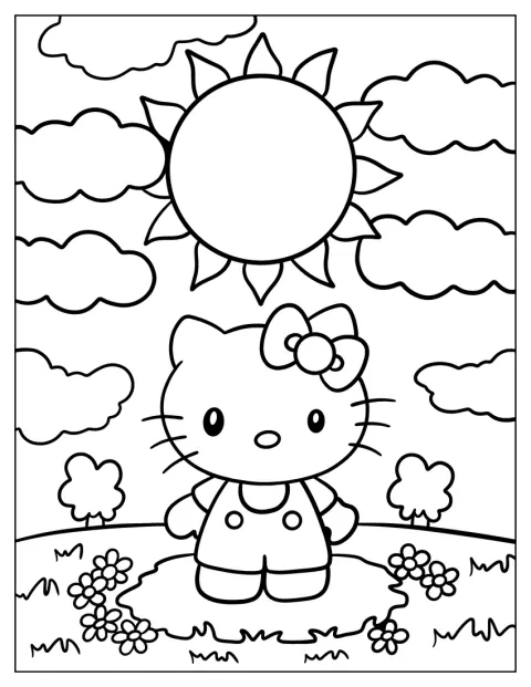 Hello Kitty staat onder een zon die haar vrolijk beschijnt.