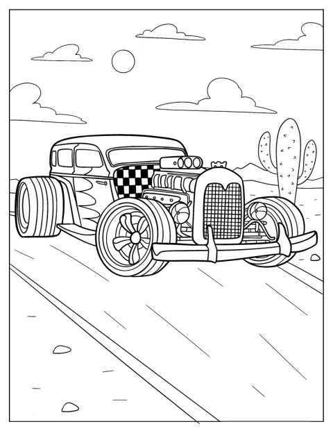 Un’auto hot rod in stile cartone animato è raffigurata di profilo.
