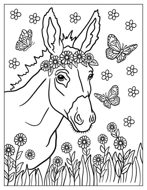 En söt åsna med blomsterkrans står bland fjärilar.
