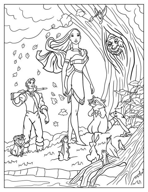 Pocahontas è insieme a Nonna Willow, John Smith e Meeko nella foresta.