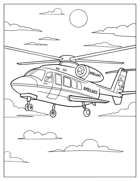 Et ambulansehelikopter flyr gjennom en overskyet himmel.
