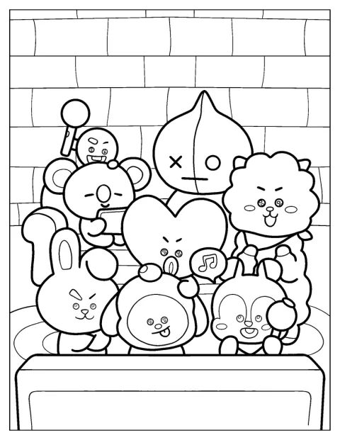 Die niedlichen BT21-Freunde sitzen beisammen und schauen fern.