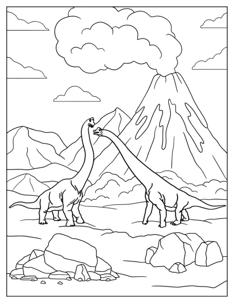 二頭のブラキオサウルスが、煙を上げる火山の前で争っています。