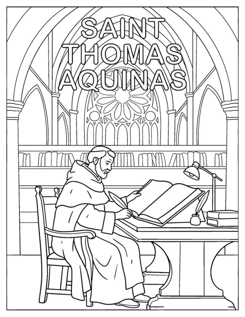 Thomas von Aquin schreibt an einem Schreibtisch in einer Kathedralbibliothek.