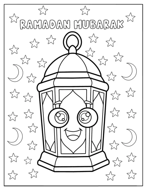 Un farol decorativo está rodeado de estrellas y lunas crecientes.