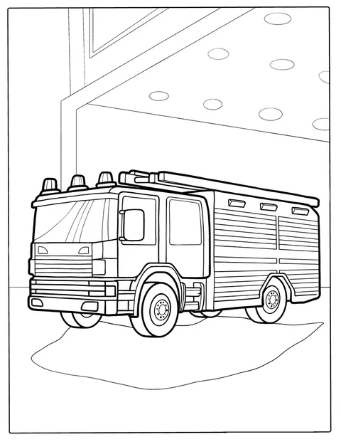 Un camion de pompiers moderne est représenté avec son équipement.