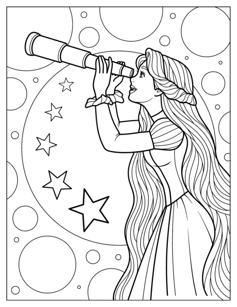 長い髪の姫が、夜空の星を眺めています。