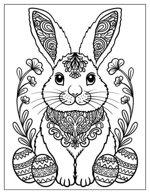 Easter Mandala Coloring Page of Spring Bunny with Mandala Ears and Easter Eggs for Kids