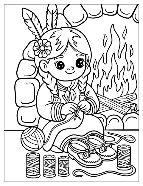 Una niña indígena se sienta junto al fuego mientras confecciona mocasines.