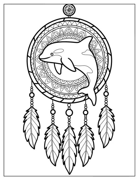 Uma orca graciosa está integrada num mandala com motivos de apanhador de sonhos.