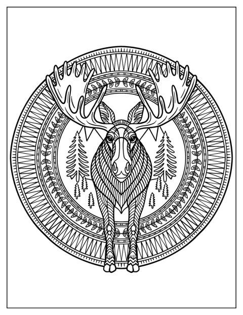Geometrische Muster bilden ein elegantes Mandala mit einem Elch in der Mitte.