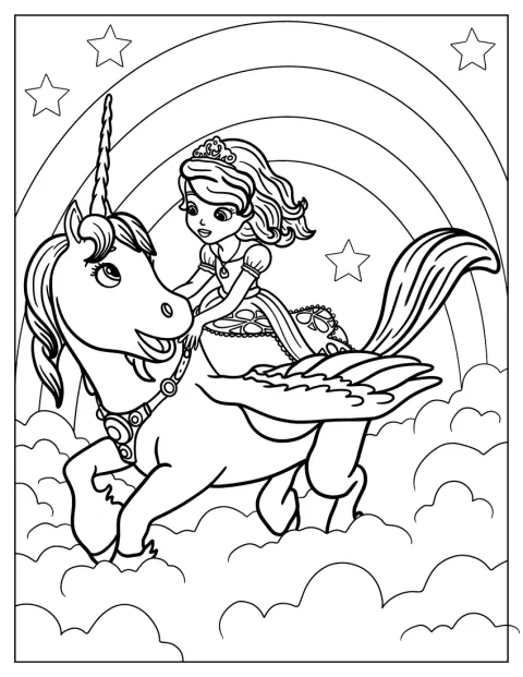 La princesa Sofía monta a Skye por el cielo, entre nubes.