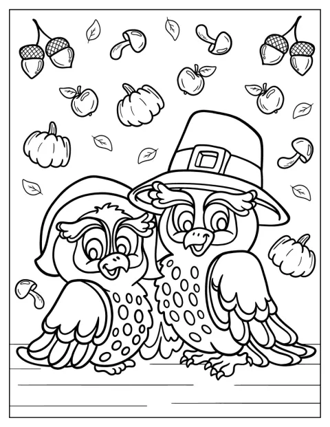 Cartoon-Eulen tragen Hüte und feiern Thanksgiving.