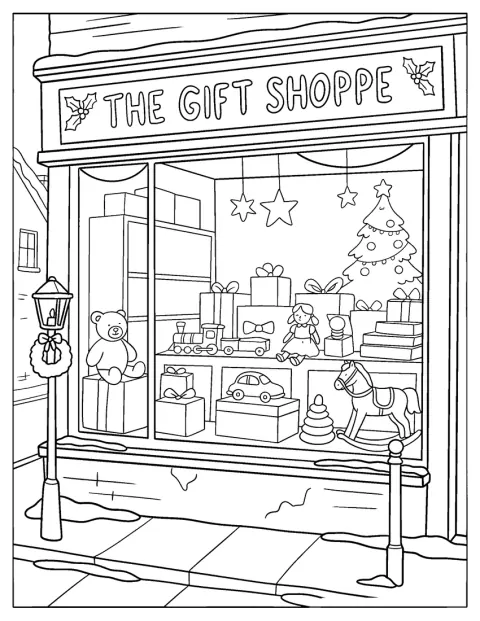 Festlich verpackte Geschenke sind in einem weihnachtlich dekorierten Schaufenster ausgestellt.