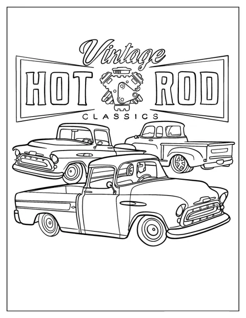 Flere klassiske hot rods står samlet på rekke.