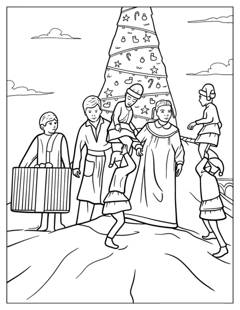 Polar Express Coloring Page Of Hero Boy, Hero Girl, And Lonely Boy With The Elves Around A Christmas Tree