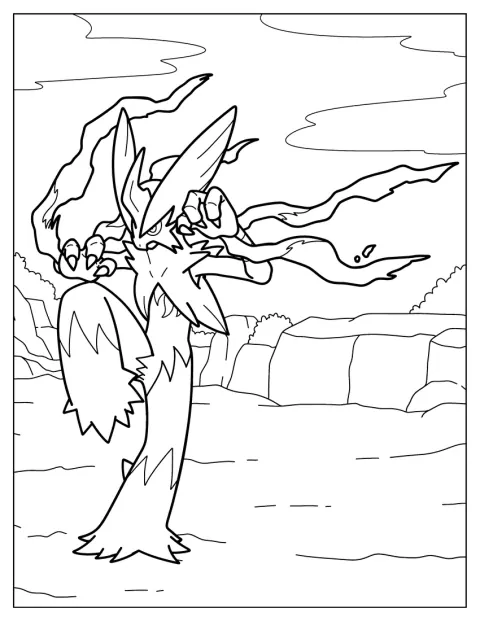 Blaziken surge na sua forma Mega Evolução, com os braços erguidos.