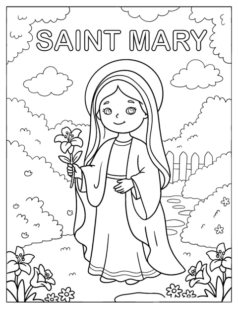 Sankta Maria håller en blomma i en trädgård.