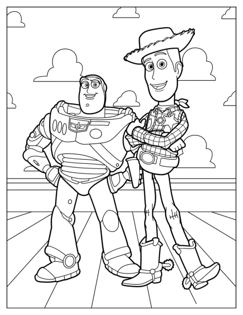 Buzz y Woody posan juntos delante de un fondo de nubes.