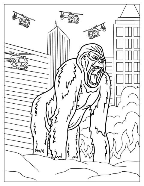 King Kong brøler mellem byens høje bygninger.