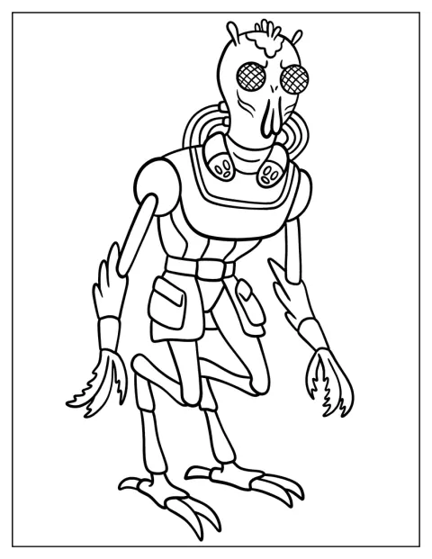Krombopulos Michael, kosmita z serialu Rick i Morty, trzyma broń.