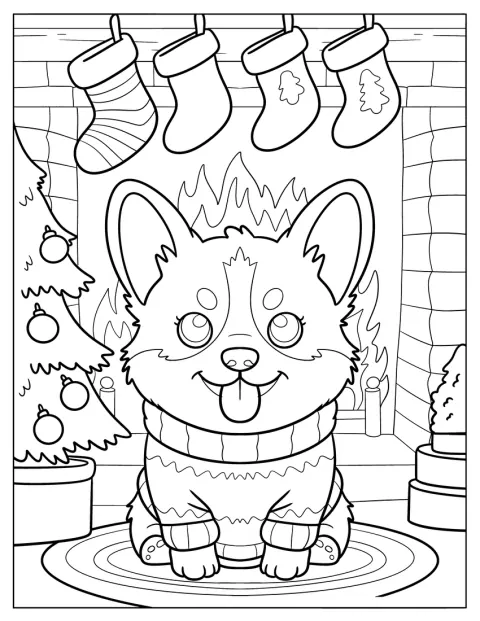 Een corgi in een kersttrui zit voor de open haard.