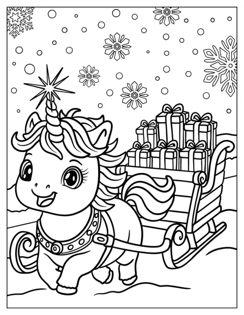 Ett enhörningsföl drar en släde fylld med julklappar.