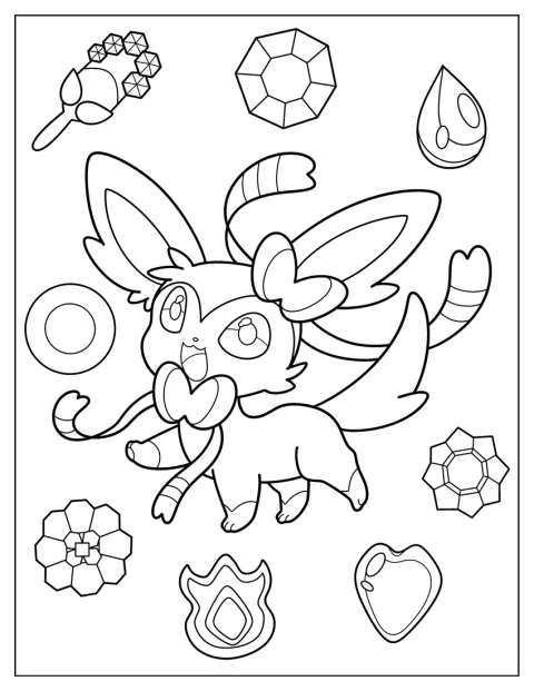 Sylveon, dibujado en estilo chibi, camina con paso alegre.