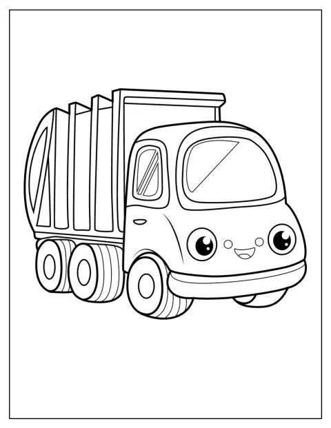 大きな目と笑顔がかわいいゴミ収集車が描かれています。