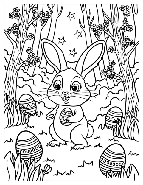 Ein verspielter Osterhase sitzt bei verzierten Eiern unter einem sternigen Himmel.