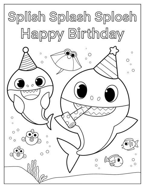 Een schattige Baby Shark viert feest met een verjaardagstaart.