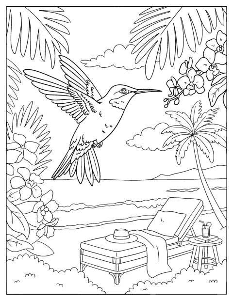 Kolibri lentää trooppisen rannan ja aurinkotuolin yläpuolella.