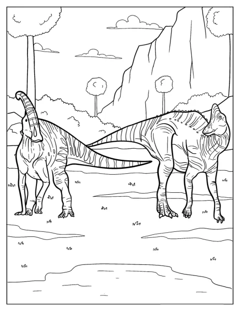 Dos Parasaurolophus jóvenes están juntos en un campo.
