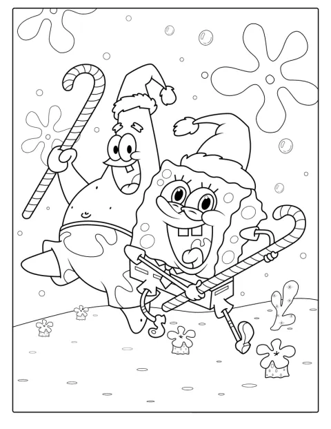 SpongeBob fejrer jul omgivet af festlige detaljer.