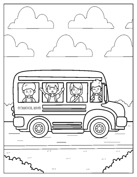 Žáci sedí na sedadlech ve školním autobusu.