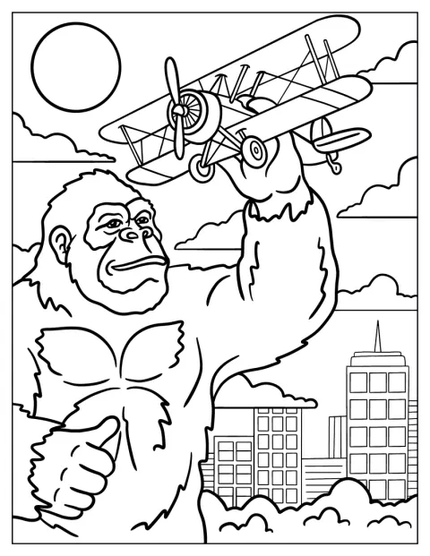 King Kong hantiert in der Stadt mit einem echten Flugzeug.