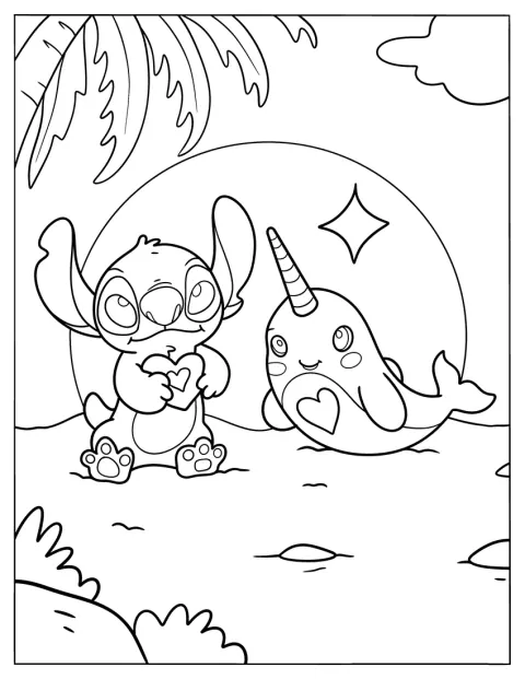 Stitch se détend sur la plage avec un narval.