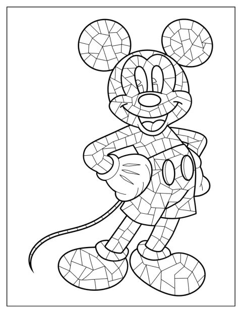 Een lachende Mickey Mouse is afgebeeld in mozaïekvorm.