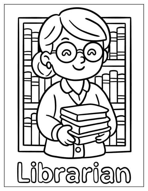 En smilende bibliotekar holder bøger foran bibliotekets bogreoler.