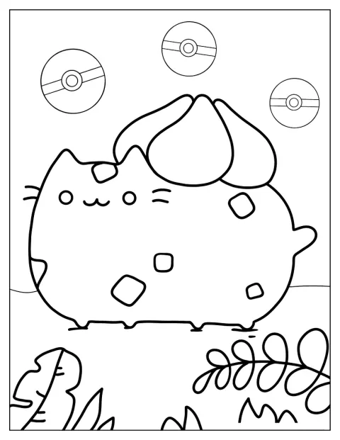 Pusheen převlečený za Bulbasaura sedí s roztomilým výrazem.
