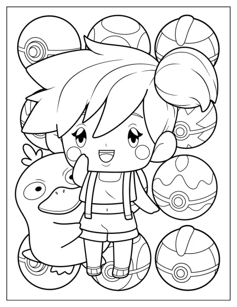 Misty, dibujada como una niña chibi, posa junto a Psyduck.