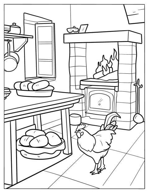 Uma galinha está numa cozinha campestre com lareira, pão e utensílios.
