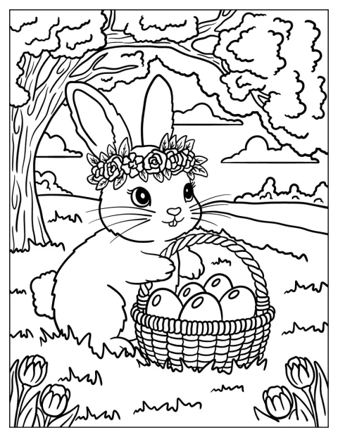 Kukkaseppeleeseen pukeutunut pupu pitelee munakoria metsässä.