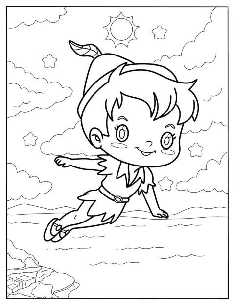 Peter Pan vole dans le ciel, au-dessus de l’océan.
