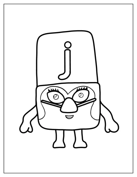 Alphablock J surge como uma personagem simpática, com olhos e um sorriso.