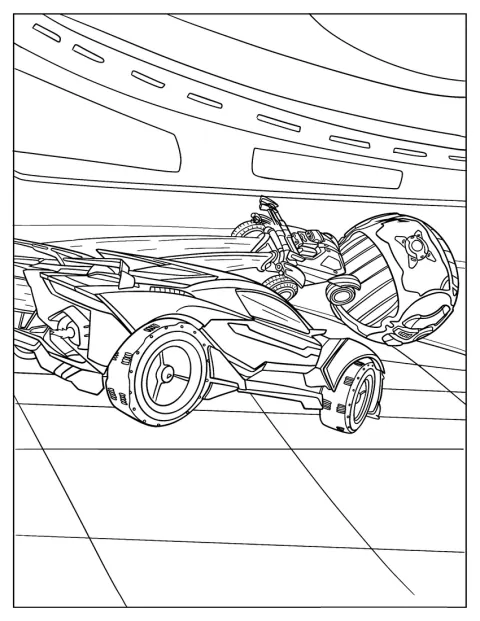 Flere kampbiler fra Rocket League jager ballen over banen.