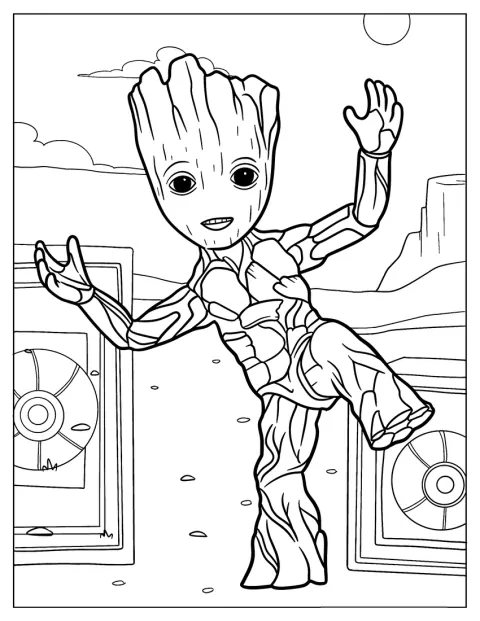 Groot baila alegremente entre estrellas y planetas en el espacio exterior.