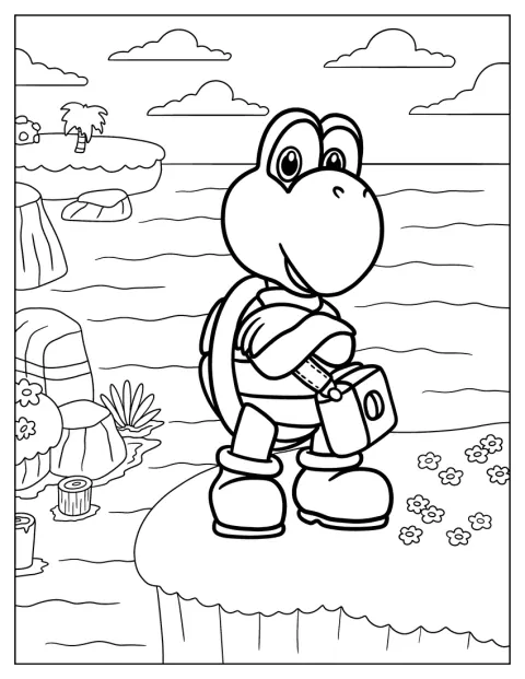 Koopa Troopa stoi na skraju wysokiego klifu.