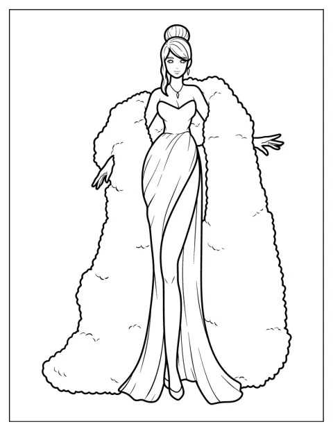 Uma mulher elegante usa um vestido de gala com racha e um xaile de pelo.