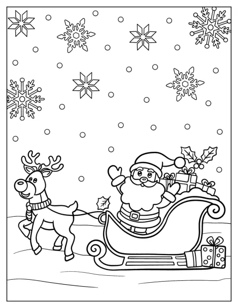 Rudolph a levegőben húzza a Mikulás ajándékokkal teli szánját.
